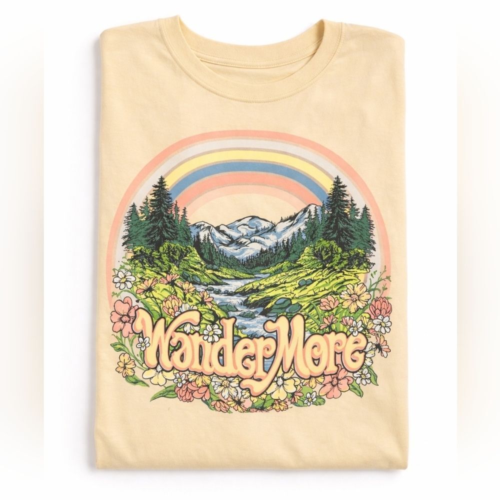 Simply Southern Graphic Tee Women’s Large Pale-Yellow Rainbow Mountain Shirt